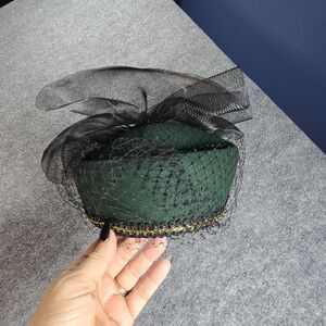 Vintage Wool Pillbox Hat Green Veil Jackie O Style Wedding Church Fascinator NWT